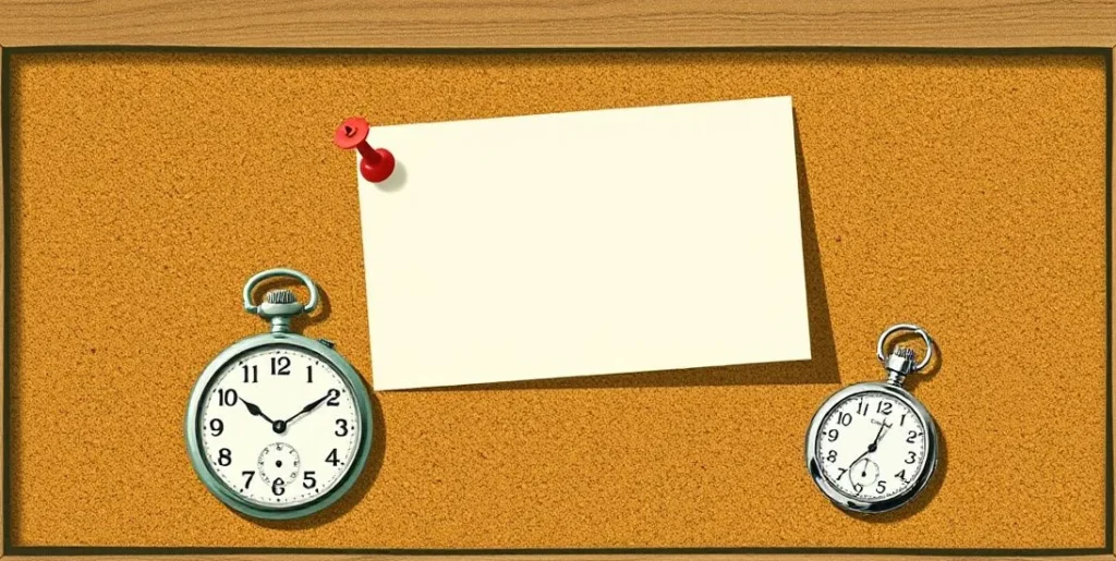 Illustration of a red pushpin holding a blank card on a cork board