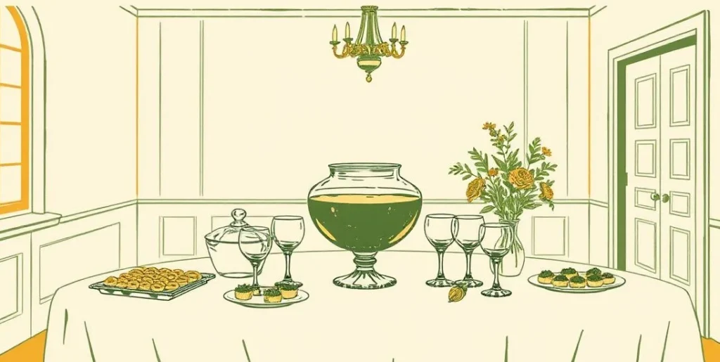 Illustration of a buffet table with a punch bowl, glasses and appetizers