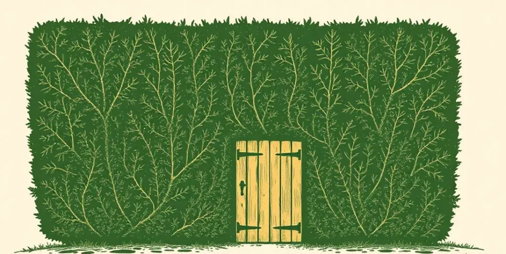 Illustration of a tall hedge with a closed wooden garden gate