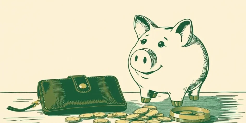 Illustration of a piggy bank beside a wallet, coin purse and coins