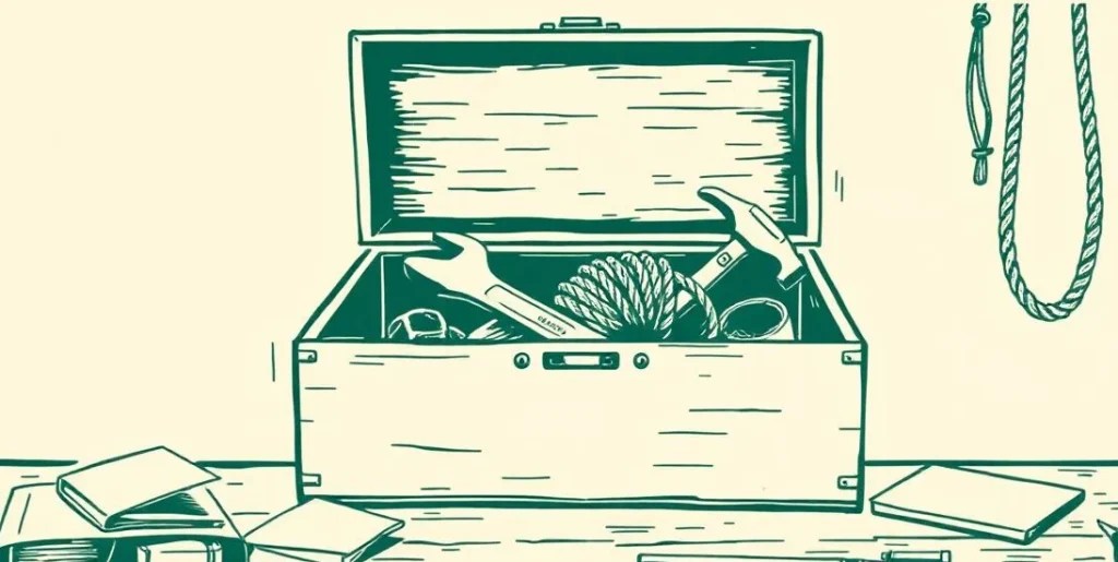 Illustration of an open toolbox with a wrench, hammer and coiled rope