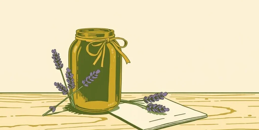 Illustration of a ribbon-tied jar of honey beside a lavender bouquet