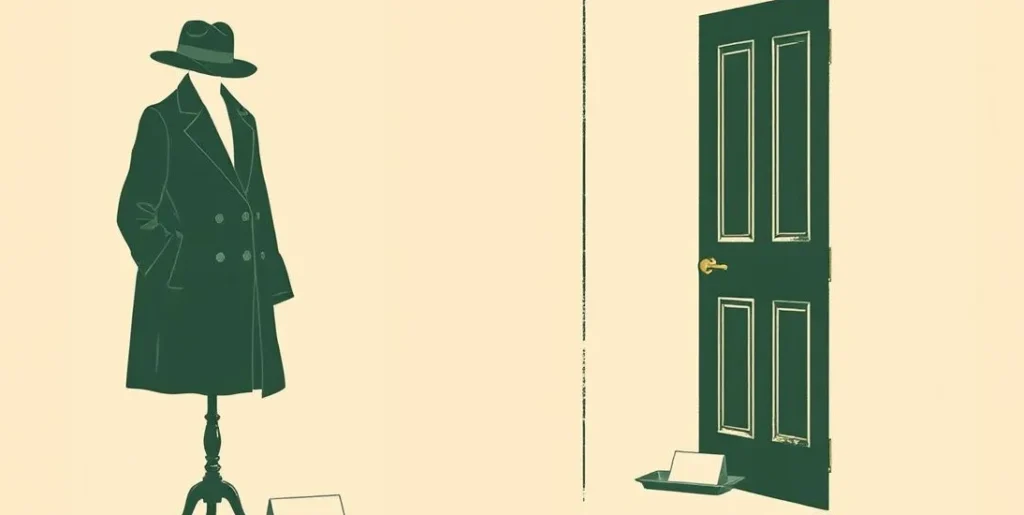 Illustration of a coat stand by a doorway and a blank calling card on a tray