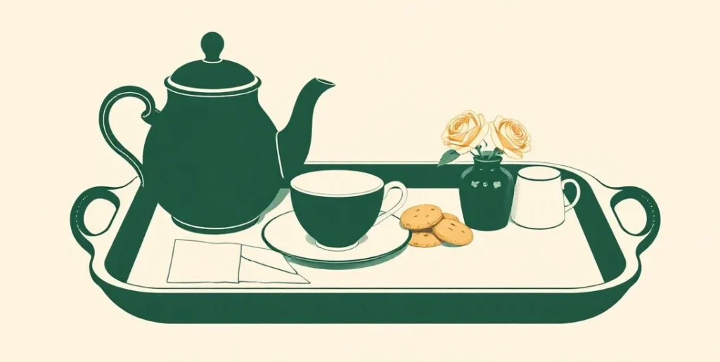 Illustration of a serving tray with a teapot, cookies and a vase of roses