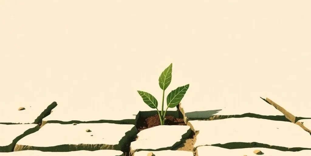 Illustration of a green sprout growing through a crack in stone pavement