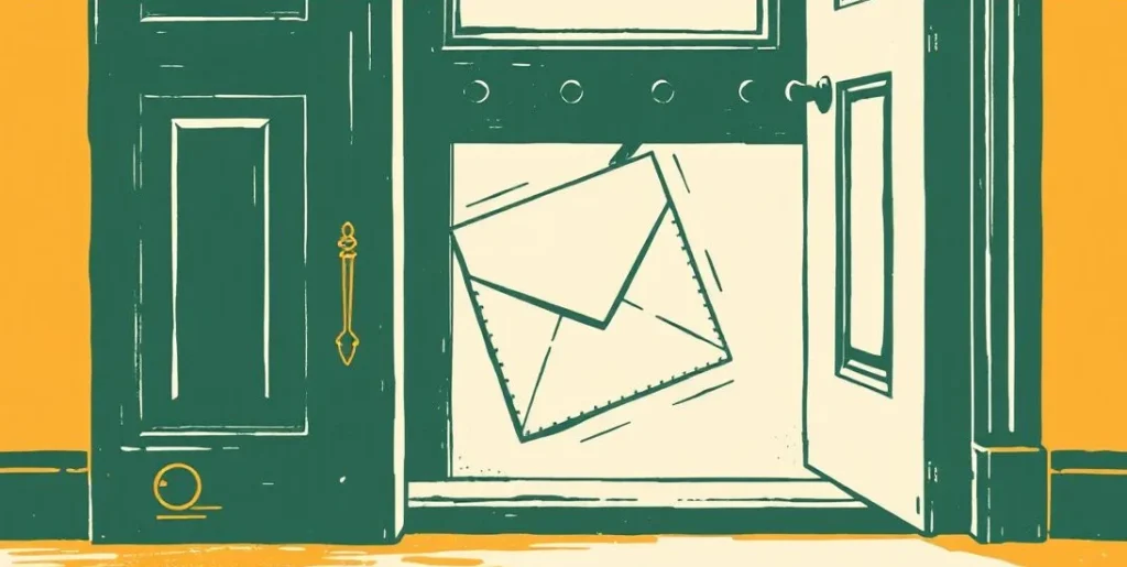 Illustration of an envelope dropping through a door's letter slot onto the floor