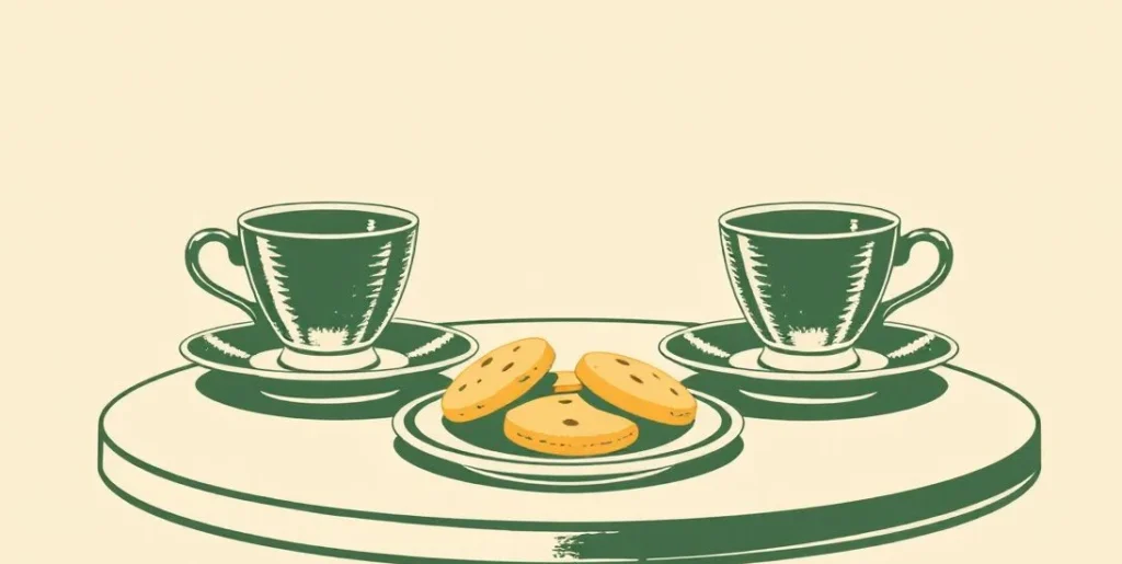 Illustration of two teacups and a plate of cookies on a small table
