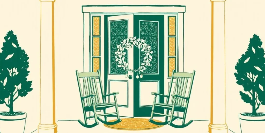 Illustration of a front porch with a wreath, open door and rocking chairs