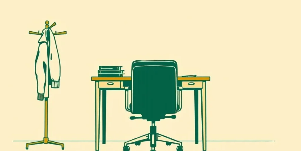 Illustration of an empty office chair at a cleared desk beside a coat rack
