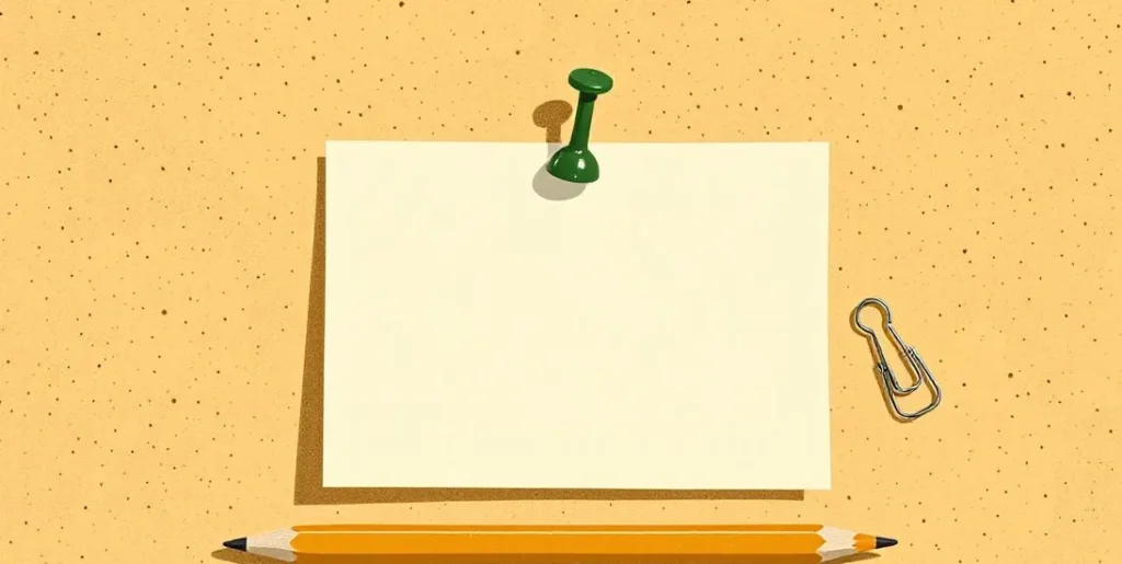 Illustration of a blank note card pinned to a cork board