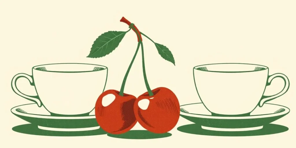 Illustration of two cherries on one stem beside matching teacups