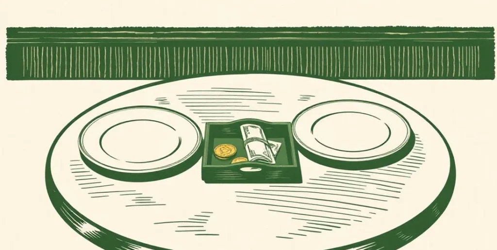 Illustration of a restaurant table with two plates and two coin purses