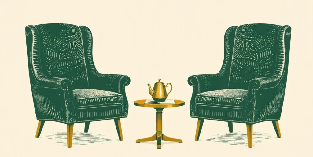 Illustration of two armchairs facing each other beside a teapot