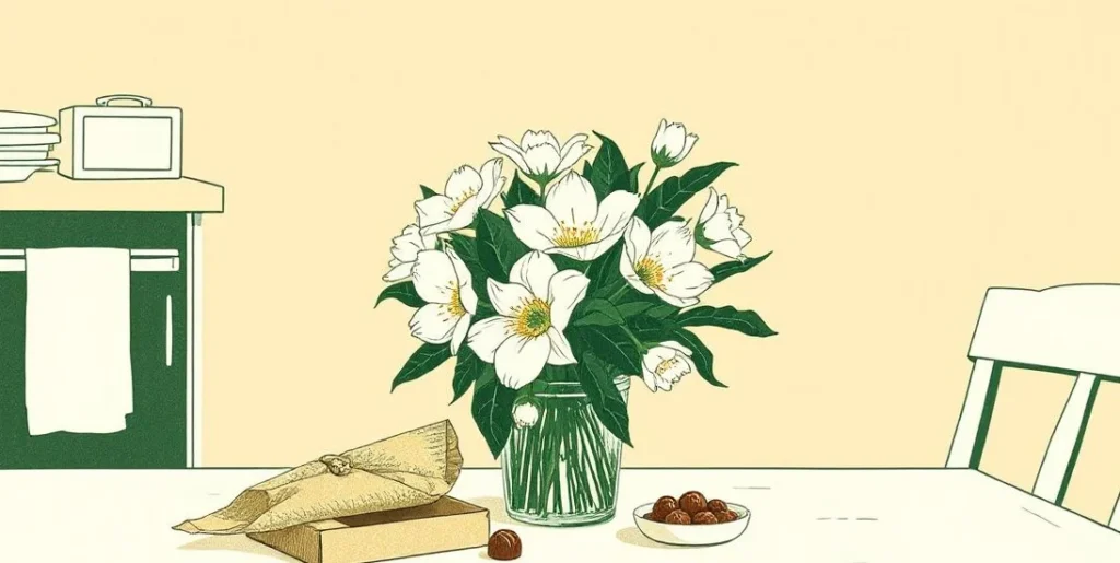 Illustration of a bouquet of white flowers beside a box of chocolates
