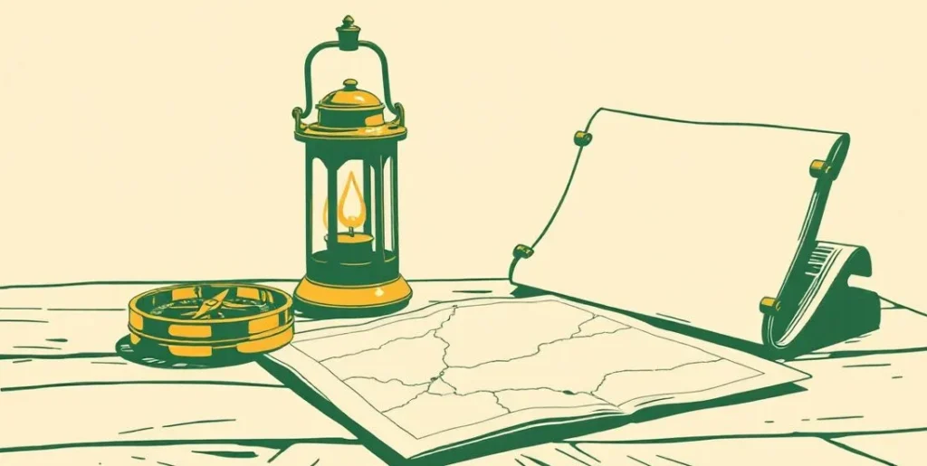 Illustration of a brass compass beside a lantern and a folded map