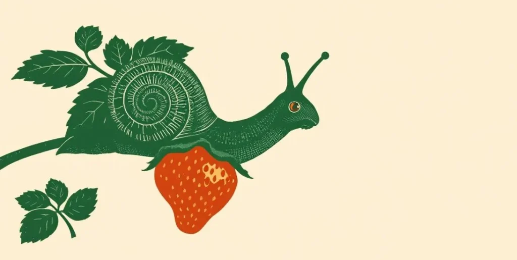Illustration of a snail slowly climbing a stem toward a ripe strawberry