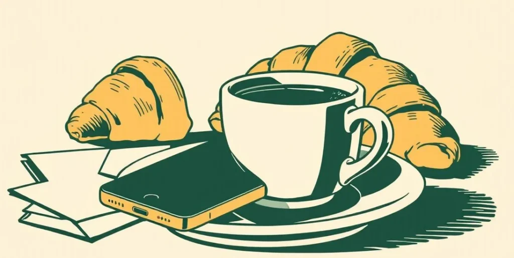 Illustration of a smartphone face-down on a café saucer beside espresso and a croissant