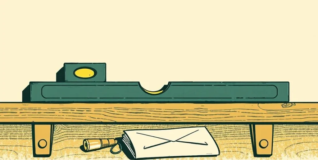 Illustration of a spirit level on a shelf beside a plumb bob and flashlight