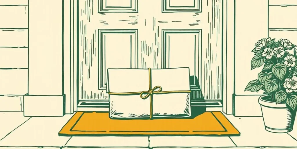 Illustration of a string-tied parcel on a doorstep beside a potted geranium