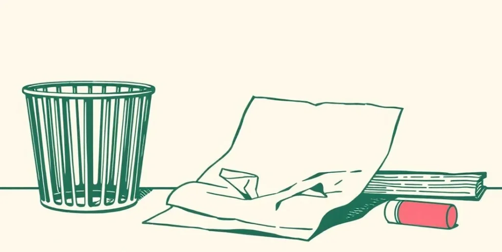 Illustration of a crumpled sheet of paper beside a wastebasket on a desk