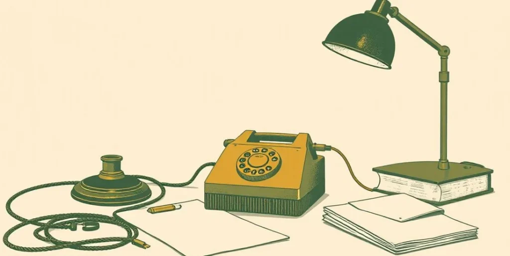 Illustration of a brass telegraph key beside coiled wire and a desk lamp