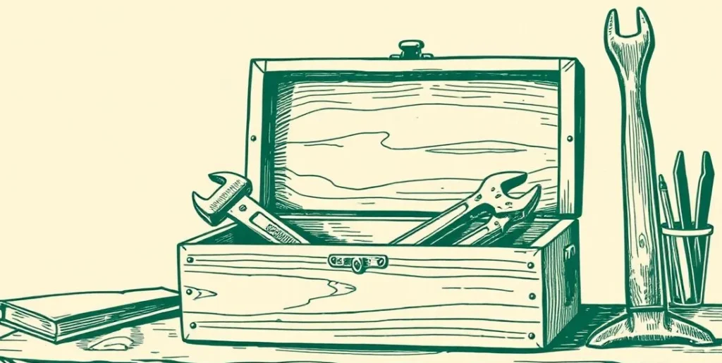 Illustration of an open toolbox with a hammer, wrench, screwdriver and pliers on a workbench