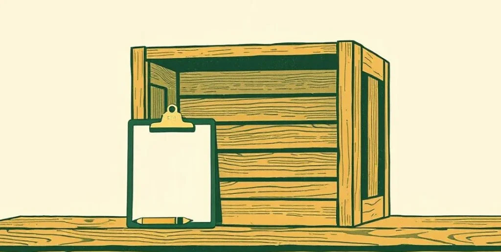 Illustration of an empty wooden crate beside a clipboard and a pencil