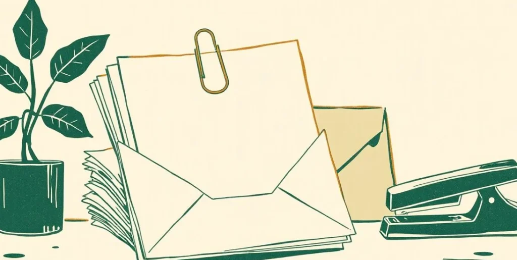 Illustration of clipped papers beside a manila envelope and a stapler