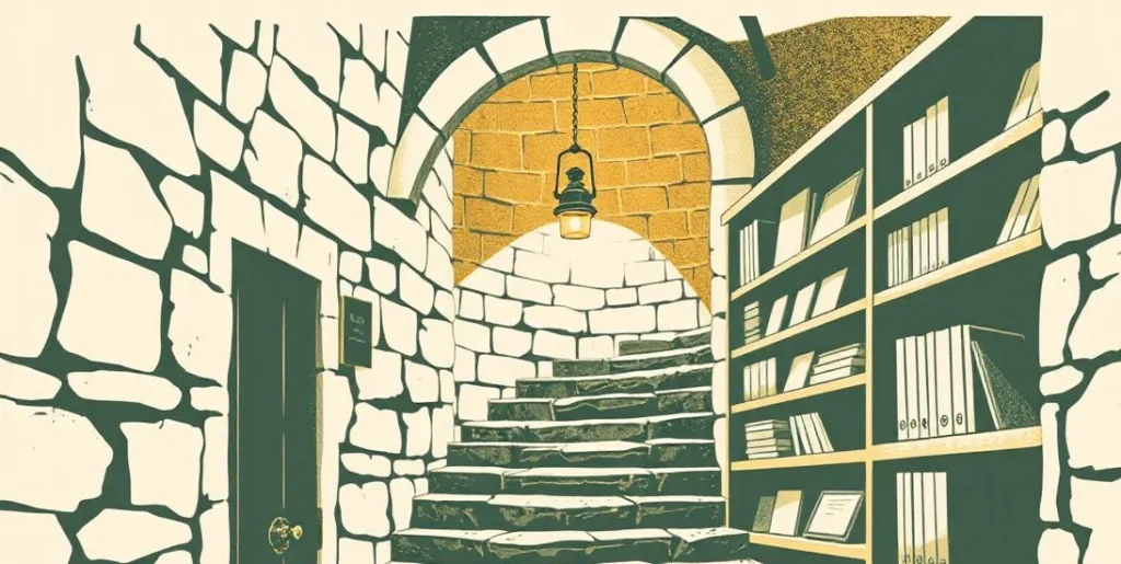 Illustration of a lantern lighting a stone stairway down into a shelved cellar