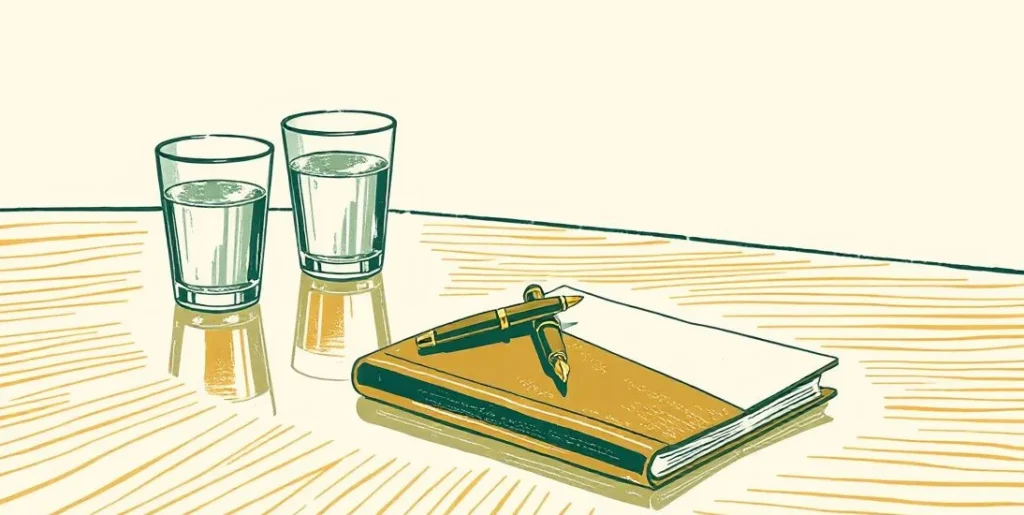 Illustration of a conference table with water glasses, a pen and a leather folder