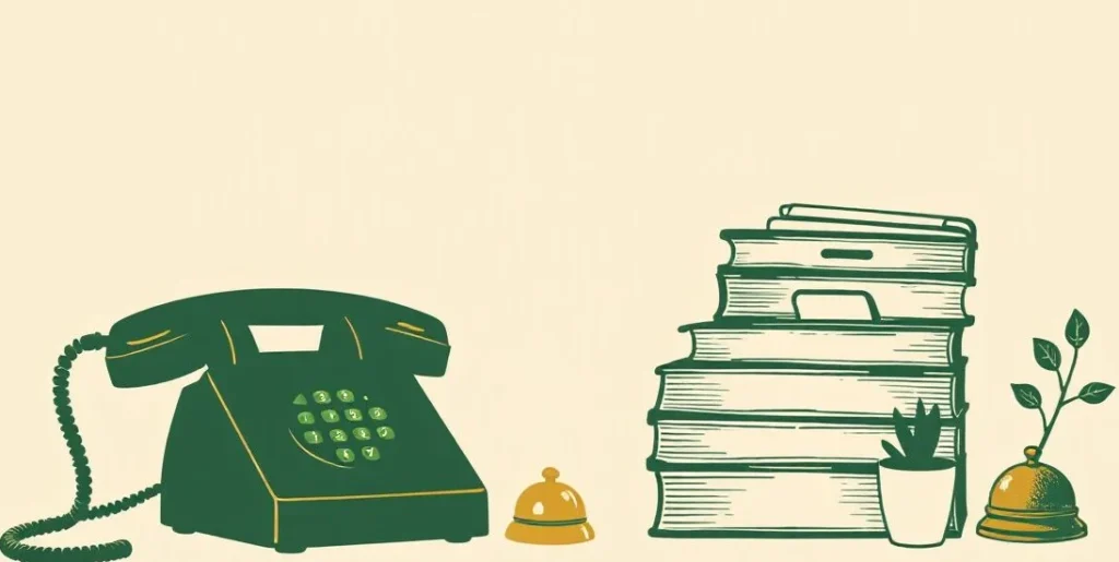 Illustration of a desk telephone beside sorted folders, a desk bell and a potted plant