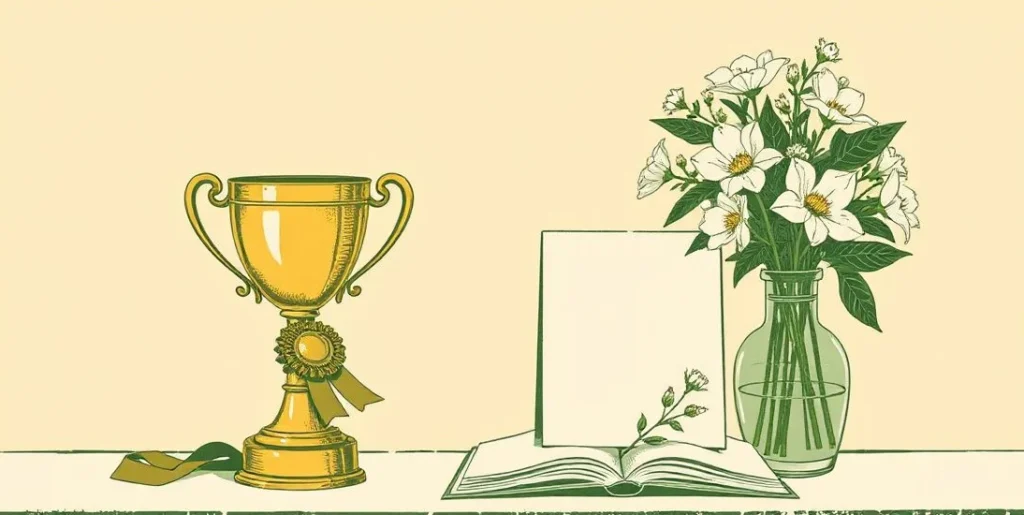 Illustration of a gold trophy cup beside a ribbon medal and fresh flowers