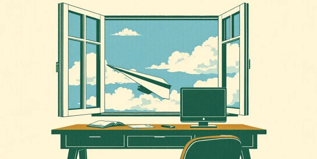 Illustration of a paper airplane gliding toward an open window