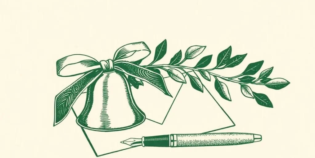 Illustration of silver bells tied with ribbon beside a sealed envelope