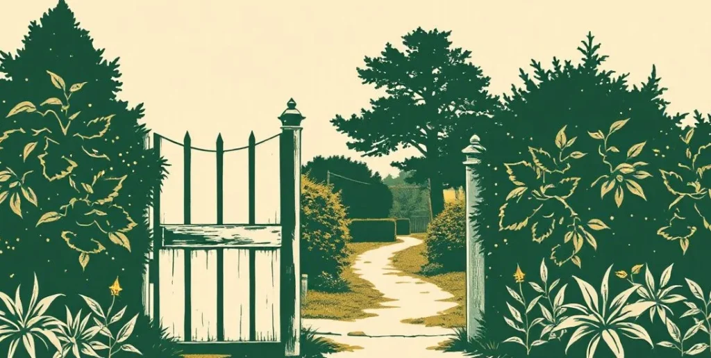 Illustration of a garden gate left ajar at dusk with a glowing lantern