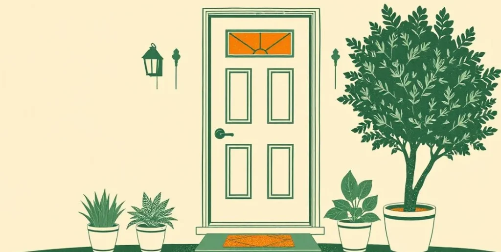 Illustration of a front door with a glowing porch light at sunset