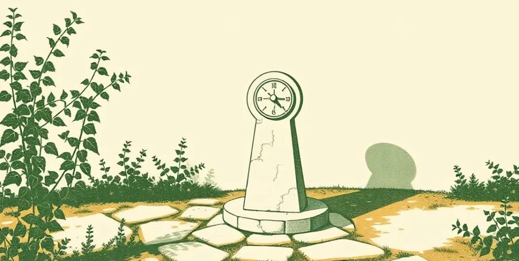 Illustration of a garden sundial casting a long shadow beside ivy