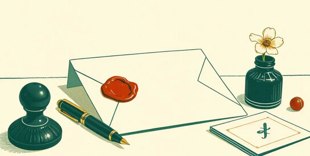 Illustration of a wax-sealed letter with a fountain pen and ink pot on a desk