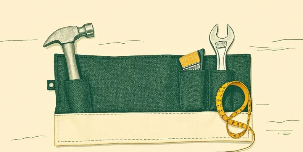 Illustration of a hammer, wrench, paintbrush and tape measure laid out on a canvas tool roll