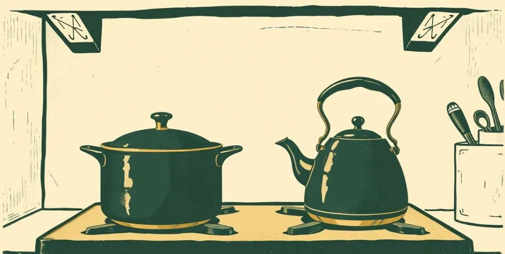 Illustration of a soot-blackened pot and kettle side by side on a stove