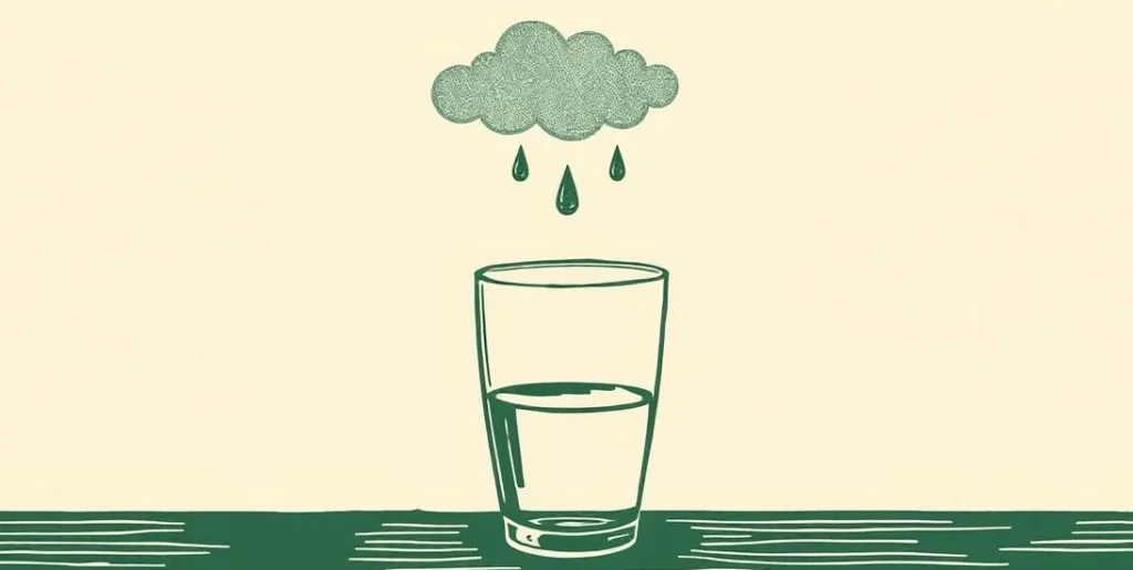Illustration of a half-empty glass of water under a small rain cloud