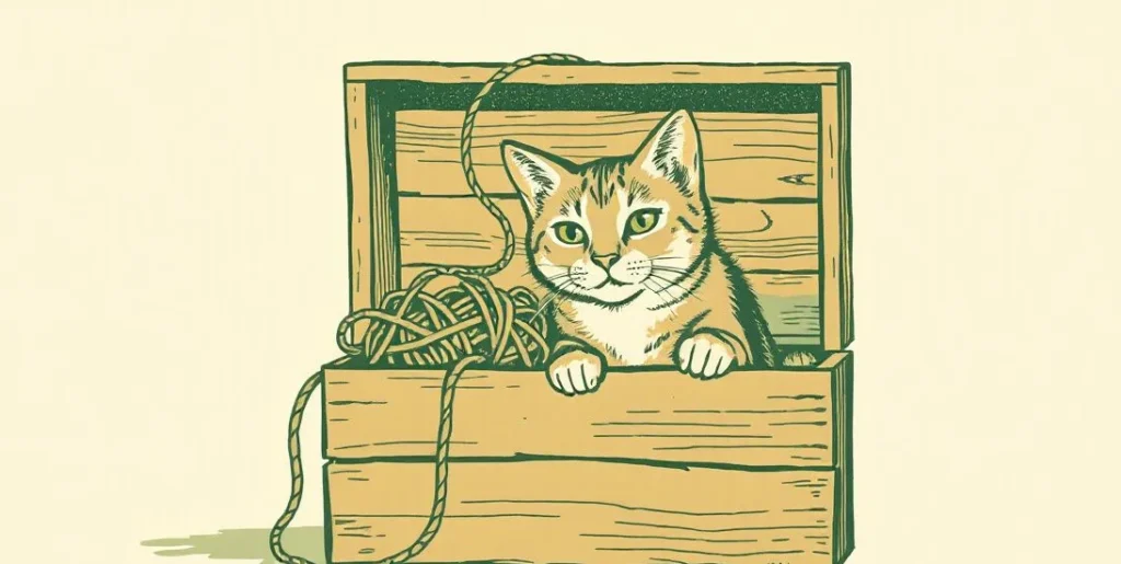 Illustration of a curious cat peering into an open crate of yarn and trinkets