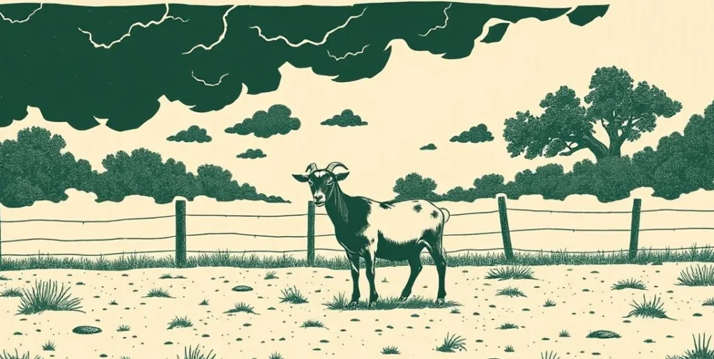 Illustration of a lone goat in a dusty field under storm clouds