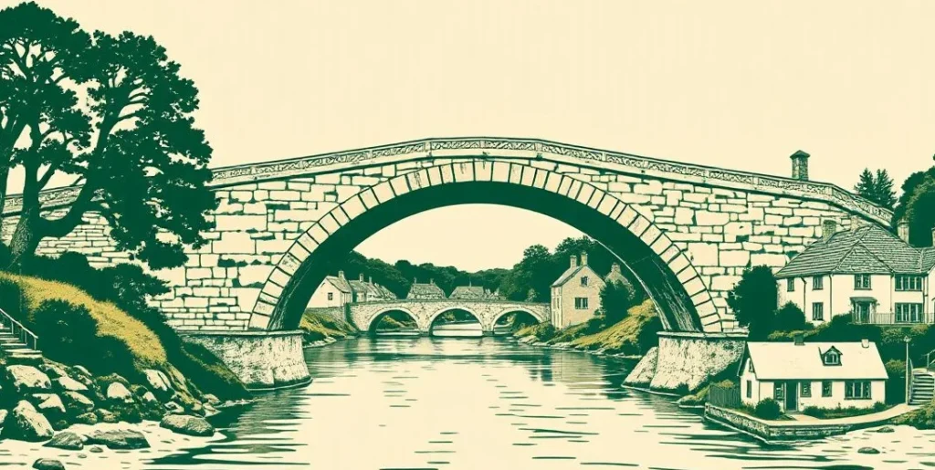 Illustration of a stone arch bridge linking two riverbanks with houses