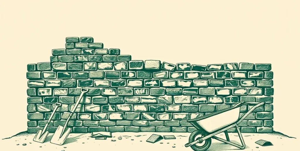 Illustration of a half-built brick wall beside abandoned tools and a wheelbarrow