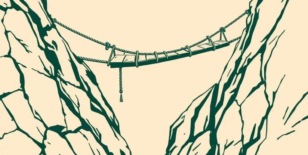 Illustration of a snapped rope bridge dangling over a deep rocky gorge