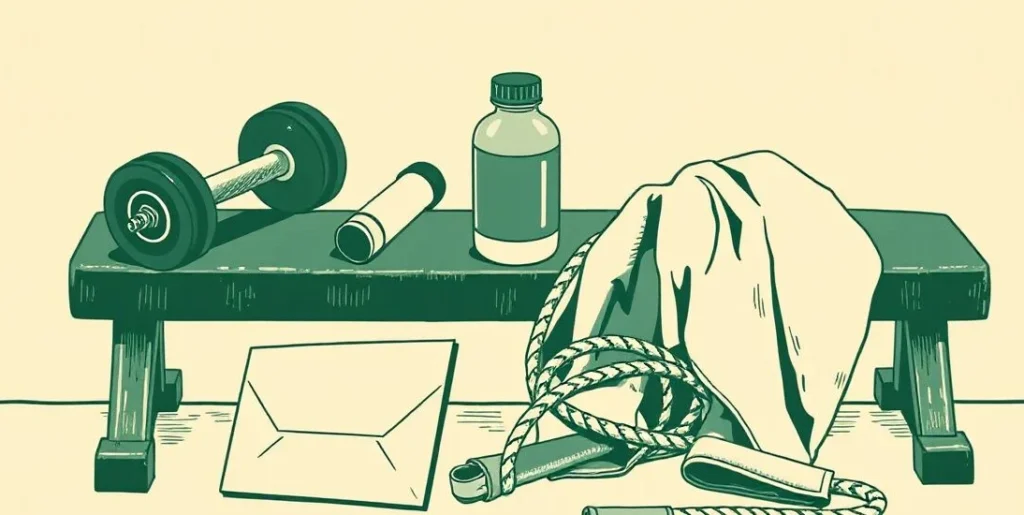 Illustration of dumbbells, a water bottle and a jump rope on a gym bench