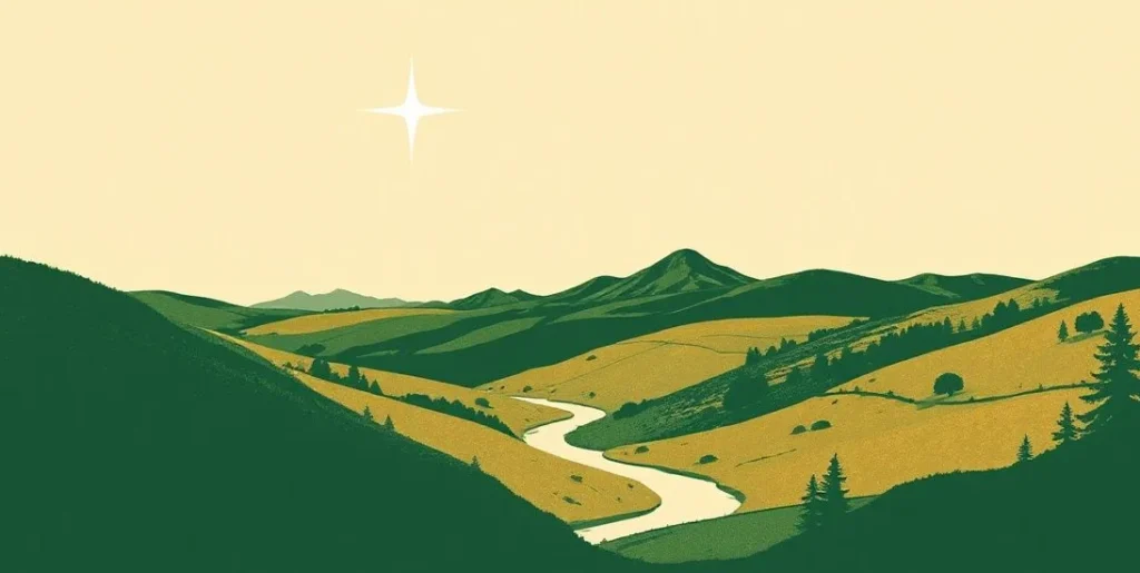 Illustration of a bright guiding star over a valley with a winding river