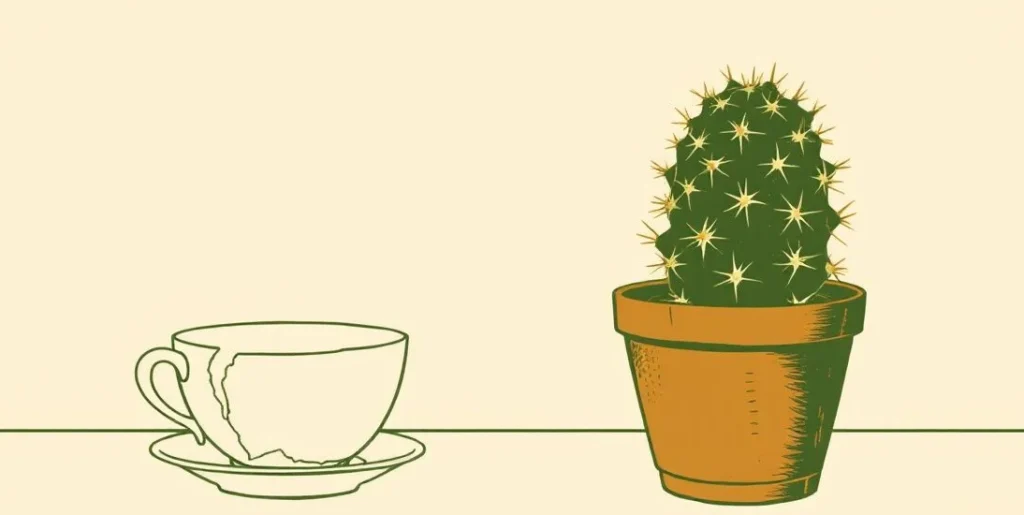 Illustration of a prickly cactus beside a broken teacup