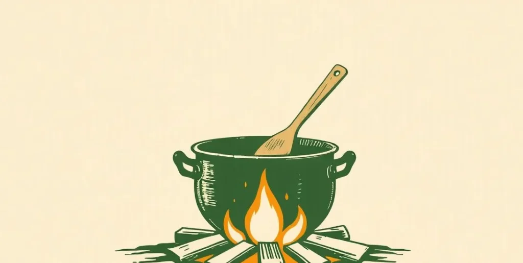 Illustration of a wooden spoon in a bubbling cauldron over a fire